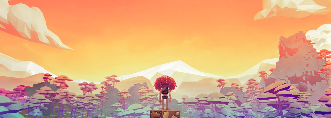 Illustration officielle de PixARK : personnage dans un paysage en blocs, au premier plan d’une île colorée.